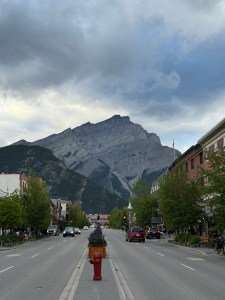 cenic view of downtown Banff Avenue with Cascade Mountain in the background